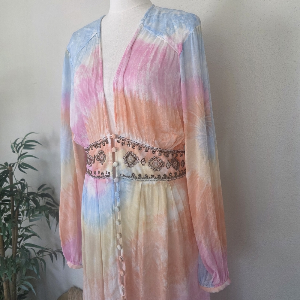 Free People Summer of Love Kimono Maxi Dress Tie Dye Boho Beaded Waist S - Picture 5 of 14